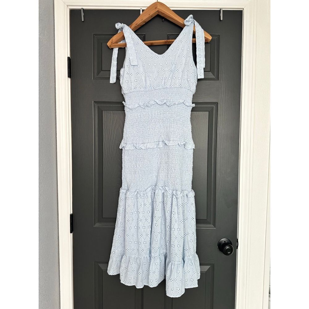 Summer Dress Light Blue Midi Smocked Ruffled Embrodiered Easter Size Medium - Picture 7 of 7